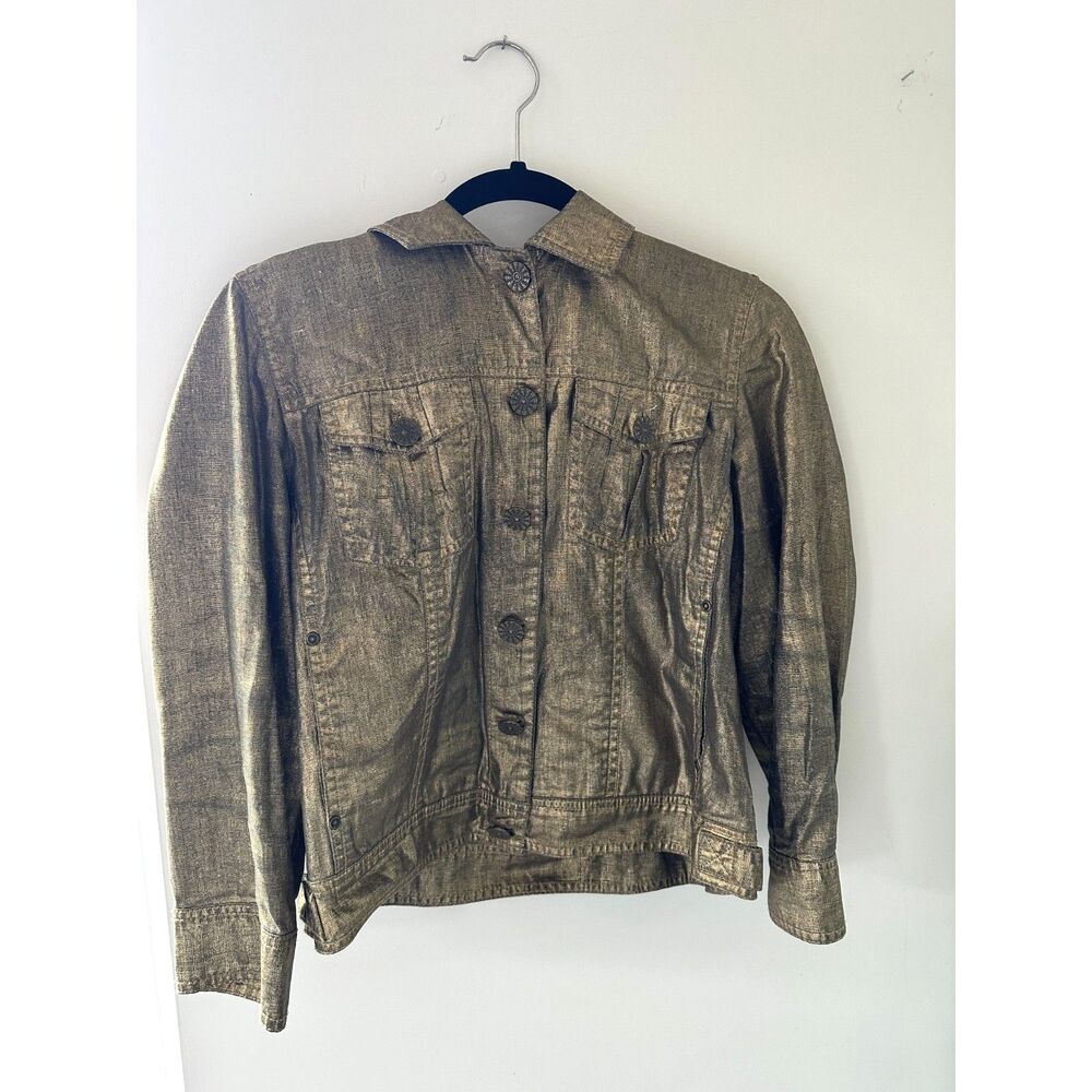 Chico’s Metallic Gold Denim Jacket Size 1 M Bronze Shimmer Trucker Jean Jacket